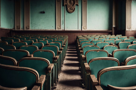 a vintage auditorium with rows of wooden chairsの素材