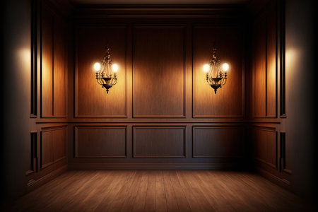a room with brown wood paneling, hardwood floors, and two copper lamps in the background of an empty interiorの素材