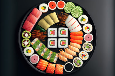 a top view of the many sushi dishes. nigiri, maki, hosomaki, uramaki, and rolls with tuna, salmon, avocado, and shrimp are seen from a high perspective. Japanese cuisine at its best, featuring rice anの素材