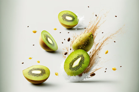 a set that Fresh raw kiwi on a white background with leaves blowing in the wind. Concept of levitating food. high quality pictureの素材