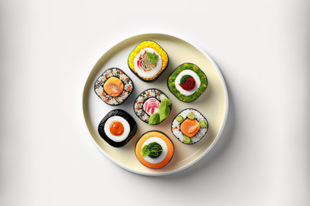 a top view of a traditional sushi roll. Delivered Asian food from a restaurant, white background with a set of platesの素材
