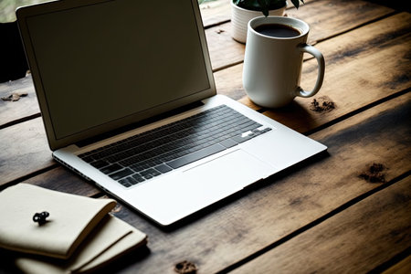 a white laptop with a blank screen, a coffee cup, and notebooks on a wooden table. Blank screen for collage of graphicsの素材