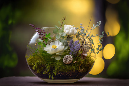 a white rose, purple and yellow flowers, green moss grass, and leaves are arranged in a lovely tiny table floral arrangement in a circular, transparent vase that was photographed against a bokeh backgの素材