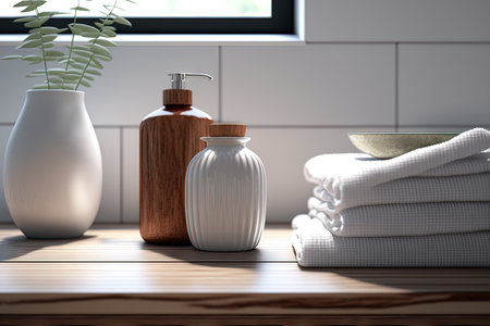 a wooden table top or wooden board with a ceramic shampoo bottle and towels against a background of a modern Scandinavian hardwood bathroomの素材