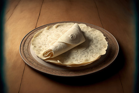 a tortilla atop a platter of whiteの素材