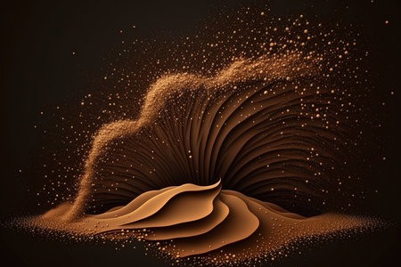 Abstract motion background of brown sand. Sandy explosion with dark background, isolatedの素材