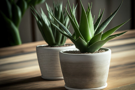 Aloe Vera planters On a wooden table, a plant. Aloe vera leaves close up selective focus tropical green plants that can withstand heat home planting, urban gardening, and houseplants Design concept piの素材