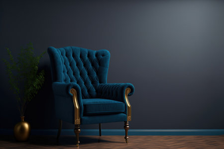An armchair is in the room against a background of an empty, dark blue wallの素材