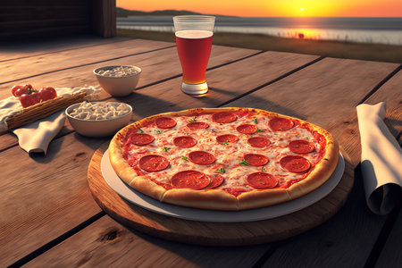 American pizza with mozzarella, tomato sauce, and pepperoni. Pizza at dawn on a wooden tableの素材