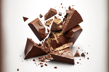 As package design elements, broken chocolate chunks are positioned isolated on a white backgroundの素材