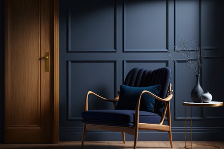 An armchair is in a stylish, modern wood living room with a background of an empty, dark blue wallの素材