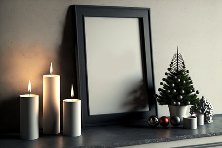 An empty frame on a concrete fireplace with a Christmas stylish decor, a black paper tree, Christmas toys, candles in a candlestick. Mockup frame for christmasの素材