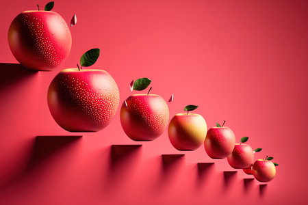 Apples that are red and ripe are arranged in a row with one apple that is flying and levitating, all against a vivid pink background. Fruit is a great snack whether it is in the summer or the fall. inの素材