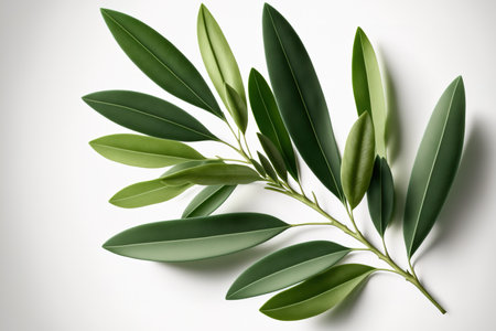 As a packaging design element, green olive leaves are displayed isolated on a white backgroundの素材