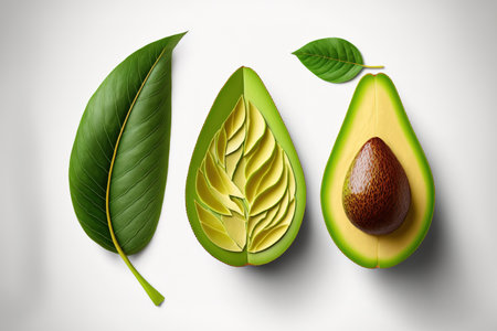 As a packaging design element, three avocado cut in half seed leaves are isolated on a white backgroundの素材
