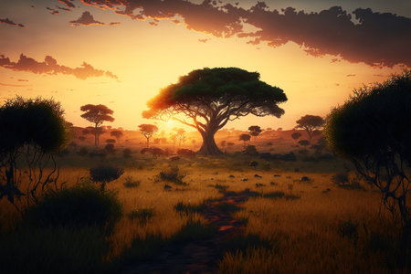 At sunset, a savannah with trees and lush grassの素材
