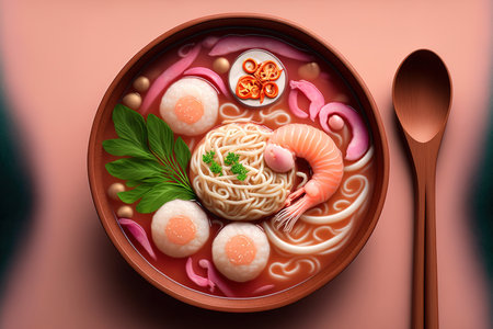 Asian style Yen Ta Four or Yen Ta Fo tiny flat rice noodles with shrimp and fish balls in pink soupの素材