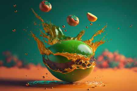 Argan fruits and oil splash composited on a green backdropの素材