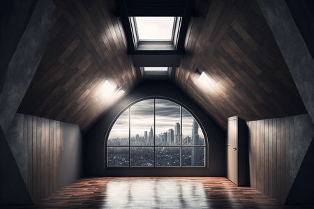Attic room interior with tiled flooring, gray and dark wooden walls, and a panoramic window with a fuzzy cityscape. The idea of real estateの素材