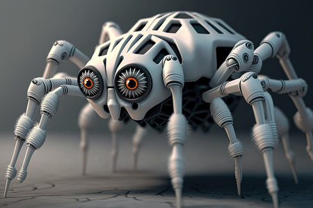 Arachnoid, little white spider robot. Concept of artificial intelligence and spying technologies for the militaryの素材