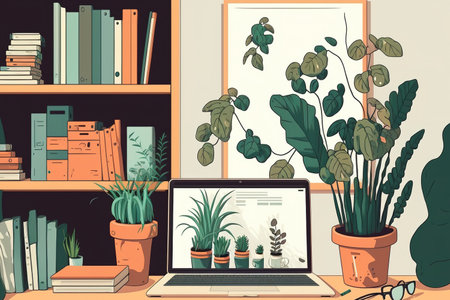 At home or at a studio, a stylish workspace with a desktop and laptop computer, office supplies, a plant, and books is available. Blank screen for collage of graphicsの素材