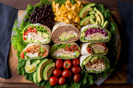 Avocado, tomato, and iceberg lettuce wrapped with chicken. Burritos, sandwiches, twisted rolls, and tortilla. top view from aboveの素材