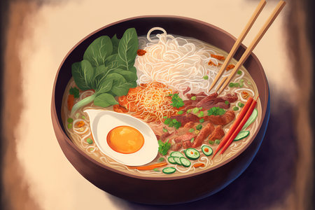 Asian style Vietnamese rice noodle soup with Vietnamese sausage, veggies, and crispy onionの素材