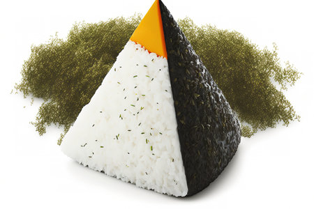 Asian food, onigiri triangle sushi ball with rice and nori seaweed, isolated on whiteの素材
