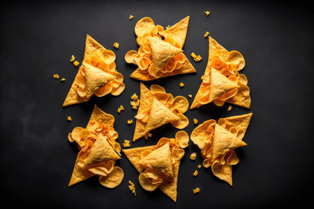 As a snack, tortilla or nacho chips. Mexican Corn Chip Nachos, top view, copy space, on a black backgroundの素材