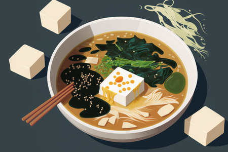 Asian vegetarian and vegan meal, rich miso soup with enoki mushrooms, wakame seaweed, and tofuの素材