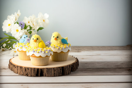 adorable Easter chick cupcakes. Fresh flowers and vanilla cupcakes with buttercream are displayed on a white stand against a background of white wood. the space barの素材