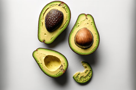 Avocados are shown whole and halved against a white backdrop. a top viewの素材