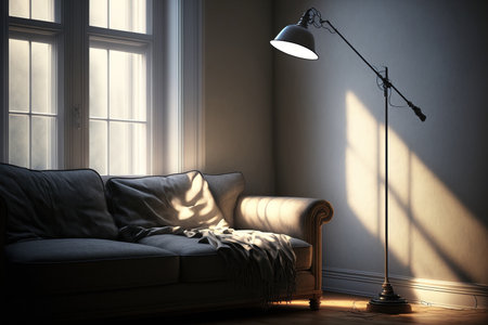 an example of a lovely, spotless room with a couch and a floor lampの素材