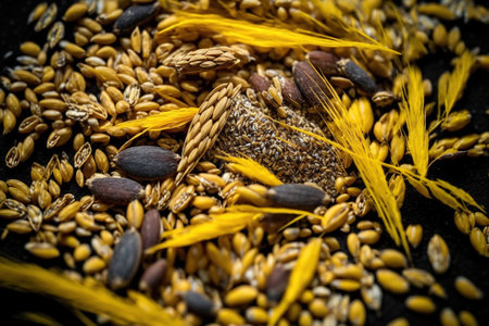 Background and texture wheat, oats, flax, hemp, red millet, yellow millet, Canary seed, seaweed. numerous agricultural crop seeds. close upの素材