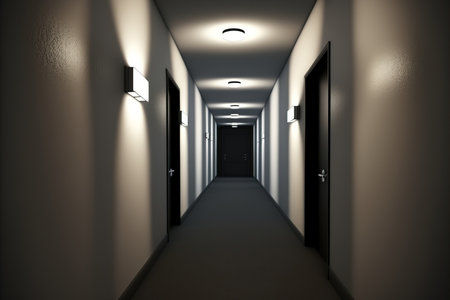 apartment hallway, with light at the endの素材