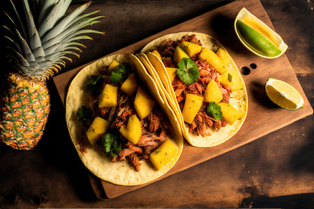 authentically seasoned pork tacos served with sliced pineapple in the manner of traditional Mexican tacos al pastorの素材