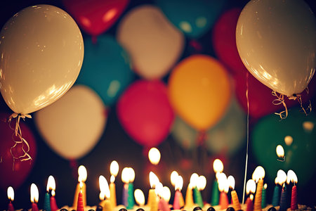 Background of a birthday cake with candles above balloonsの素材
