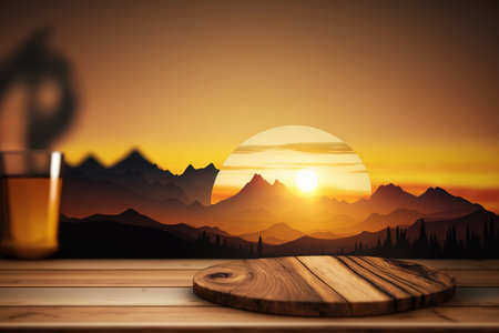 Background montage of a golden sunset and a lovely blurred mountain range with a wooden table top for product presentationの素材
