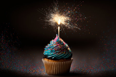 Background of a birthday party featuring a birthday cupcake, a sparkler, and multicolored confettiの素材
