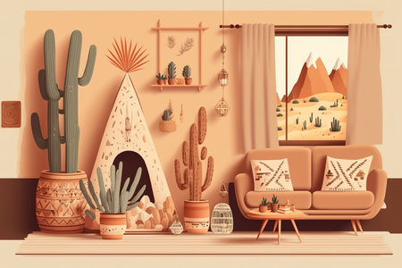 Background of a mock up wall in a house interior, a beige room with natural wood furnishings, and a bohemian aestheticの素材