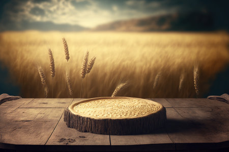 Background of a rustic table with a wheat field and an empty wooden log. Mockup of the Jewish holiday Shavuot for product display and designの素材