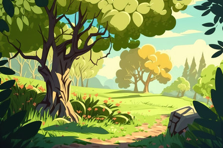 Background of springtime nature, a sunny day, with green tree foliageの素材