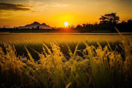 Background of a rice field with a sun dappled skyの素材