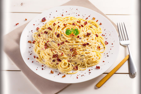 Bacon topped spaghetti carbonara on a white wooden tableの素材