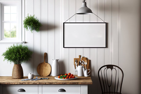 Background wall mockup in a farmhouse style kitchenの素材