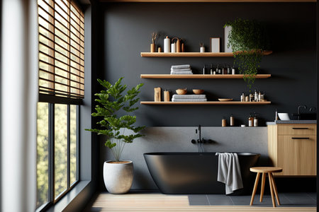 Bathroom with a tub and a makeup shelf and walls made of black and wood. a sink close to a dark wall. An idea for a contemporary home planの素材