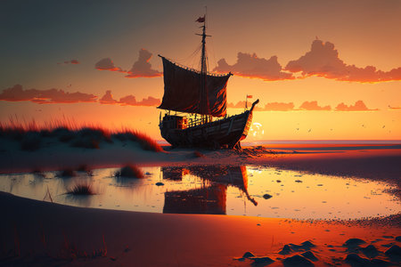 Beautiful photograph of a boat in the middle of a beachfront sunsetの素材