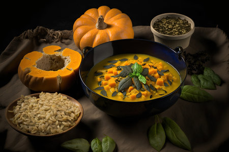 Basil, olive oil, and pumpkin seeds in butternut soup or risotto. a seasonal autumn menuの素材