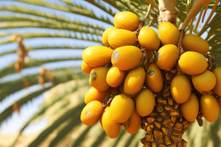 Barhi Date palm tree garden and healthy food concept, group of Barhi Dates palm, macro shot of Barhi Date palm yellow fruits Phoenix Dactylifera on the clusters in organic fruit garden for harvestinの素材