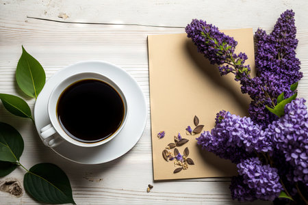 Beautiful branch of white and violet lilac flowers with an opened pad, laying on a background of white wood with a cup of tea, mock up top flat view with space for your textの素材